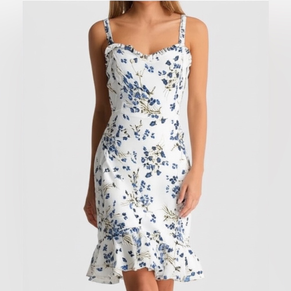 RIHOAS Floral Ruffle Flounce Hem Trumpet Mini Dress White Blue Boho Party Spring